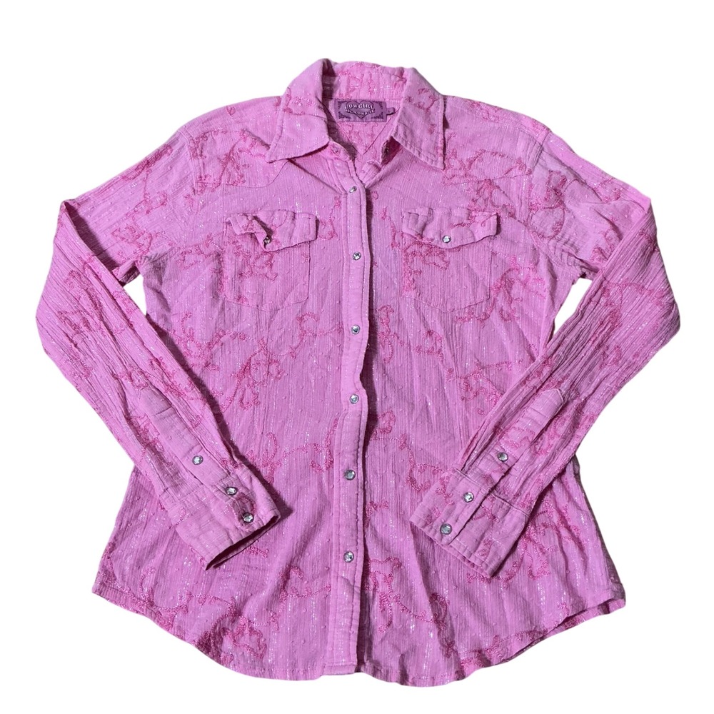 Cowgirl Hardware Pink Embroidered Metallic Snap Western Shirt Womens Large L